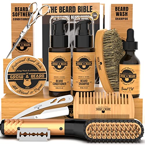 Beard Straightener Grooming Kit for Men, 2 Oz Growth Oil, 2 Oz Sandalwood Balm, Beard Wash, Beard Brush & Comb, Beard Conditioner, Beard Razor and Scissors, & Beard E-Book, Great for Christmas Gift GROW ALPHA BEARD