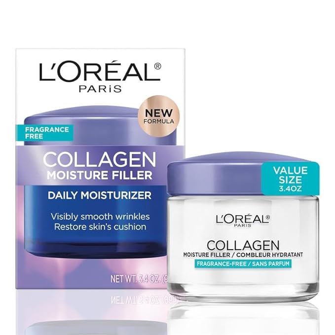 L'Oreal Paris Collagen Moisture Filler Face Cream, Anti-Aging Face Moisturizer, Non-Greasy Fragrance Free Skin Care Formula For Up to 48HR Hydration, 3.4 Oz - Infinity Warehouse