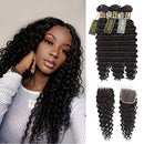QTHAIR 12A Grade Brazilian Deep Human Hair Bundles with Closure(14" 16" 18"+12"Free Part Lace Closure,Natural Black) 100% Unprocessed Brazilian Virgin Hair Extensions for Black Women QTHAIR