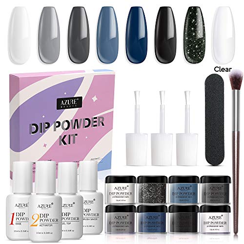 Dip Powder Nail Kit Starter, AZUREBEAUTY Blue Black 8 Colors Acrylic Dipping Powder System Essential Liquid Set with Top/Base Coat Activator Brush Saver for French Nail Art Manicure Beginner DIY Salon AZUREBEAUTY