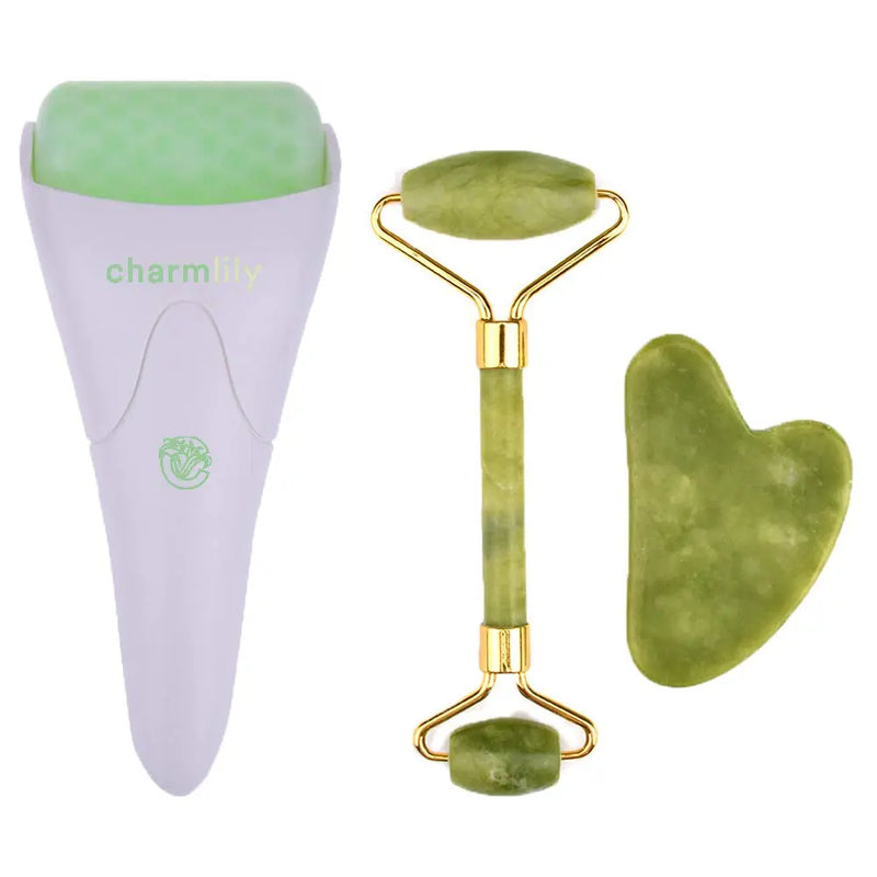 Jade & Ice Roller + Gua Sha Massager Tool Set for Face & Eyes by Charmlily, Puffiness, Reduce Wrinkle Aging, Migraine, Pain Relief on Neck & Body, Cold Facial Original Natural Stone - 3 in 1 CHARMLILY