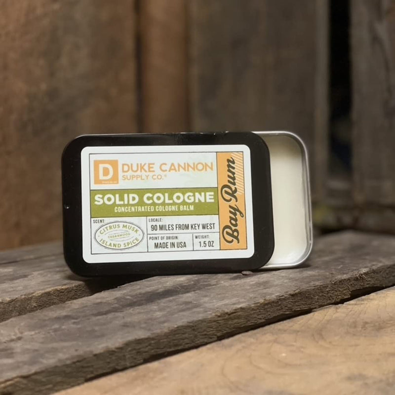 Duke Cannon Supply Co. Solid Cologne for Men Bay Rum (Citrus Musk, Cedarwood, Island Spice) - Concentrated Balm, Travel-Friendly Convenient Tin, 1.5 oz Infinity Warehouse