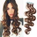 Wavy Rooted Tape in Hair Extensions 100% Human Hair Body Wave 20 inch Highlighted Medium Brown & Ash Blonde Long Soft Remy Hair Skin Weft Seamless Invisible Double Side Tape 20pcs/50g