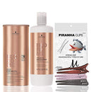 Schwarzkopf BlondMe Bleach Premium Lightener 9+ Dust Free Powder XXL 900 grams, Schwarzkopf BlondMe Premium Developer 9% / 30 Volume 1 Liter, M Hair Designs Piranha Clips (Bundle - 3 items) M Hair Designs