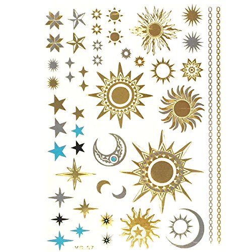 Allydrew Large Metallic Gold Silver and Black Body Art Temporary Tattoos, Sun, Moon, Stars allydrew