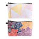MAGEFY Cosmetic Bag 2 Styles Portable Travel Makeup Bag for Women Flower Patterns Zipper Pouches Gifts Bag for Girls Makeup Pouch with Black Zipper (2 Packs, Geometric pattern 0189+Colorful petals 0194) MAGEFY