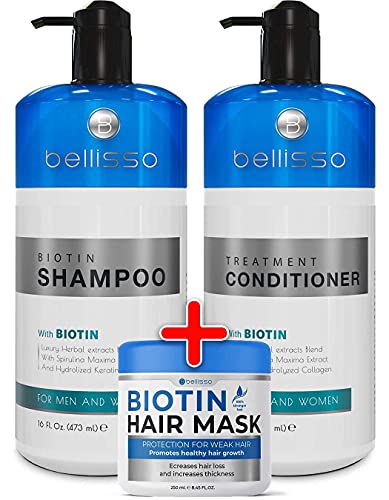 Biotin Shampoo and Conditioner and Hair Mask for Hair Growth - Thickening Anti Hair Loss Shampoo Treatment - Regrowth Shampoo & Conditioner & Hair Mask for Dry Normal Oily & Color Treated Hair BELLISSO