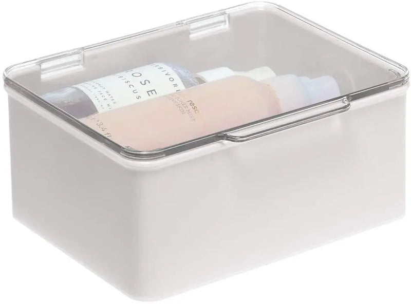 mDesign Plastic Stackable Bathroom Vanity Countertop Storage Cosmetic Organizer Box with Hinged Lid for Makeup, Beauty, Hair, Nail Supplies - 2 Pack - Light Gray/Clear mDesign Store