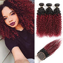 Ombre Burgundy Brazilian Curly Hair 3 Bundles with Closure, Dark Red Two Tone Curly Weave Human Hair Extensions, 99j Afro Kinki Curl Hair Weaving (12"14"16"+Closure10") ALISFEEL