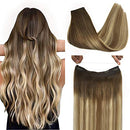 GOO GOO Human Hair Extensions Halo Hair Ombre Walnut Brown to Ash Brown and Bleach Blonde 70g 14 Inch Remy Hair Extensions with Hidden Crown Wire Flip Hair Secrect Extensions Straight Hairpiece GOO GOO Store