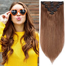 S-noilite Clip in Human Hair Extensions 100% Real Remy Thick True Double Weft Full Head 8 Pieces 18 Clips Straight Silky (24 Inch - 170g,Light Brown (