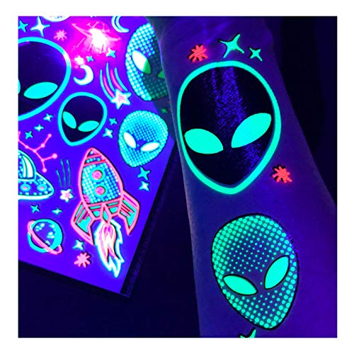 Temporary Tattoos – 1 Sheet Alien UFO Design Body Art Blacklight Reactive Light Festival Accessories Glow in the Dark Party Supplies | 7.2” x 5.2” Temp Tattoos Great for EDM EDC Party Rave Parties d'IRIS studio