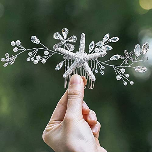 Yean Starfish Bride Wedding Hair Comb Sliver Crystal Beach Bridal Hair Piece Flower Hair Accessories for Women and Girls Yean