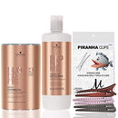 Schwarzkopf BlondMe Premium Lightener 9+ Dust Free Powder Bleach 450 grams, Schwarzkopf BlondMe Premium Developer 6% / 20 Volume 1 Liter, M Hair Designs Piranha Clips (Bundle - 3 items) M Hair Designs