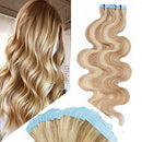 22 Inch Tape in Human Hair Extensions Highlight Wavy Thin Hair 100g 40pcs/pack Seamless Skin Weft Glue in Body Wave Human Hairpieces Balayage
