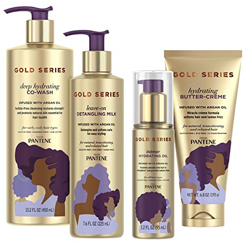 Pantene, Hair Oil, Co Wash, Detangling Milk, and Butter Cream Hair Treatment Kit, with Argan Oil, Sulfate Free, Pro-V Gold Series, for Natural and Curly Textured Hair Pantene