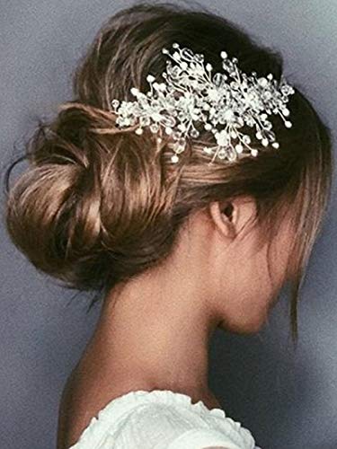 Aukmla Flower Bride Wedding Hair Vine Silver Crystal Bridal Hair Piece Rhinestone Hair Breath Accessories for Women and Girls(9.84 Inches) (Silver) Aukmla
