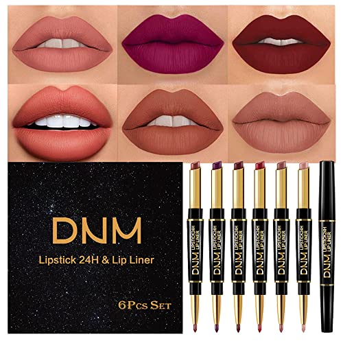 6Pcs Lip Liner and Lipstick Makeup Set,DNM Nude Matte Mat Matt Lipstick 24H and Lip Liner Set Matt Liquid for Black Mature Women Waterproof Long Lasting 24 Pens Lipstick Matte Kit with Lip liners 01 evpct