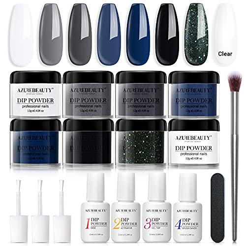 Dip Powder Nail Kit Starter, AZUREBEAUTY Blue Black 8 Colors Acrylic Dipping Powder System Essential Liquid Set with Top/Base Coat Activator Brush Saver for French Nail Art Manicure Beginner DIY Salon AZUREBEAUTY