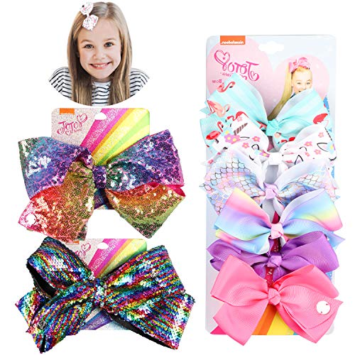 PANTIDE 8Pcs Jojo Bow Hair Clips- 8 Inch Large Sparkly Glitter Sequin Hair Bows and 5 Inch Rainbow Unicorn Grosgrain Ribbon Hair Bows, Alligator Hair Clips Hair Barrettes Accessories with Gift Bag PANTIDE