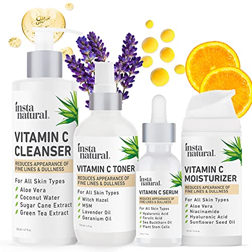 Vitamin C Skin Care Collection - Facial Cleanser, Face Toner with Witch Hazel, Vitamin C Serum plus Hyaluronic Acid & Facial Moisturizer with Jojoba Oil Anti aging, Clear Skin, Brightening Routine InstaNatural