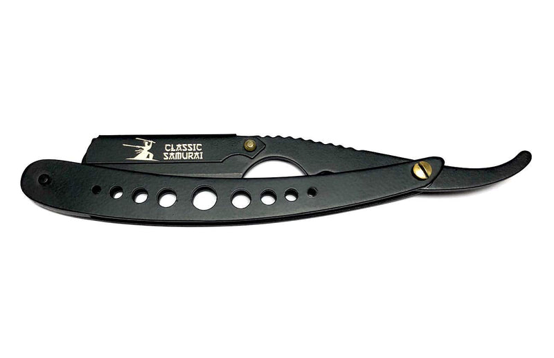 Classic Samurai New Ergonomic Design Stainless Steel Professional Folding Straight Edge Barber Razor Shavette Manual Shaver with 100 Shark Single Blades (Matte Black + 100 Shark Blades) Classic Samurai