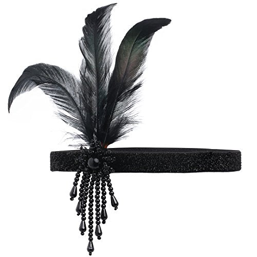 BABEYOND 1920s Flapper Headpiece Roaring 20s Great Gatsby Headband Black Feather Headband 1920s Flapper Gatsby Hair Accessories (Black) BABEYOND