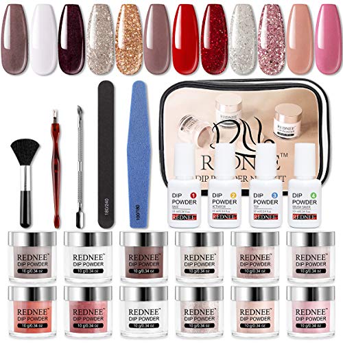 REDNEE Dip Powder 12 Colors Nail Starter Kit with Base Activator and Top Coat 22pcs Gift Set for Nail Art - RE08 Inviting Color REDNEE