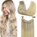 GOO GOO Halo Hair Extensions Human Hair Ombre Ash Blonde to Golden Blonde Mixed Platinum Blonde 100g 20 Inch Flip Extensions Hidden Crown Wire Hair Extensions Layered Invisible Hairpiece GOO GOO Store