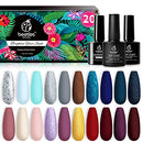 Beetles 20 Pcs Gel Nail Polish Kit, Free Spirit Collection Soak Off Nail Gel Polish Set Blue Gray Glitter Burgundy Red Purple Starter Kit with Glossy & Matte Top Base Coat DIY Manicure Set beetles Gel Polish