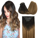 GOO GOO Seamless Hair Extensions Clip in 18 Inch Balayage Dark Brown Fading to Chestnut Brown and Dirty Blonde Hair Extensions 130g 7pcs Remy Hair Extensions with PU Weft Thick Clip in Hair for Women GOO GOO