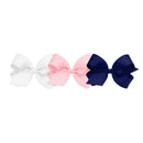 Wee Ones Girls' Mini King Bow 3 pc Set Solid Grosgrain Variety Pack on a WeeStay No-Slip Hair Clip - White, Light Pink, and Light Navy Wee Ones