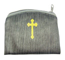 Bamboo Textured Pewter Rosary Case with Gold Stamped Budded Cross, 3 7/8 Inch Patterned Rosary Pouches