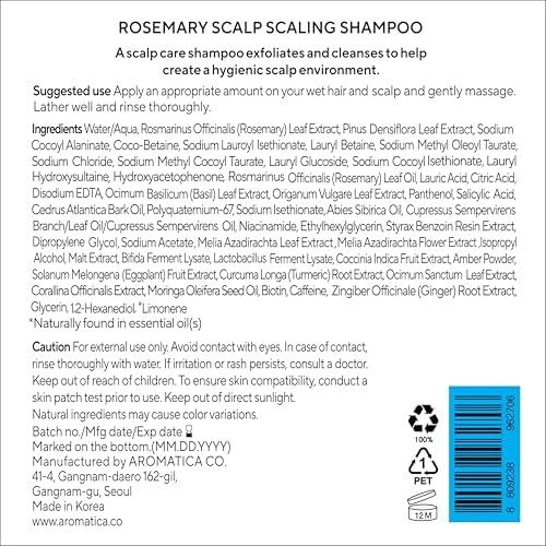 AROMATICA Rosemary Scalp Scaling Shampoo - Korean hair care with Thinning Hair Loss Natural Rosemary Essential oil for Women - Vegan Hair Growth - Free from Sulfate, Silicone, and Paraben (13.53 oz) Infinity Warehouse