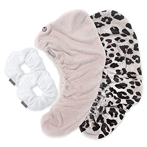 Kitsch Microfiber Hair Towel Wrap for Drying Wet Hair and Microfiber Scrunchies for Frizz Free, Heatless Hair Drying, Cleanse Bundle (Blush, Leopard, White) Kitsch