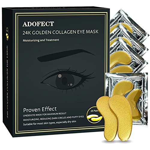 Adofect 25 Pairs 24K Gold Eye Mask Collagen Eye Mask, Under Eye Gel Pads, Under Eye Mask for Deep Moisturizing, Wrinkle, Eye Bags, Dark Circles & Puffiness, Refresh Your Eyes, 25 Pairs Adofect