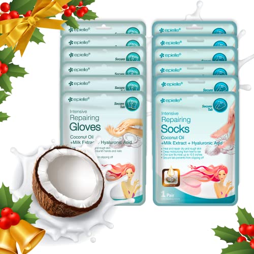 Epielle Intensive Repairing Masks for Hand and Foot (Glove & Socks-12pk) Dry Hand, Dry & Cracked Heel to toe Spa Masks Coconut Oil + Milk Extract + Hyaluronic Acid | Gift set for women, Spa Gift for women Epielle