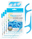 Trueocity Dental Flossers Brush Picks 4 Pack w/ Travel Case (200 Total Count), Dental Floss Glides Easy Between Teeth, Flosser Helps Prevent Tooth Decay & Gum Disease, Easy Grip Handle, Mint Flavored Trueocity
