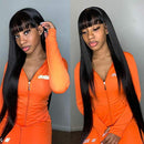 Straight Human Hair Wigs with Bangs Brazilian Virgin Straight Human Hair Wigs None Lace Front Wigs Human Hair 130% Density Glueless Machine Made Bob Wigs for Black Women Natural Color 22 Inch Beafay Hair
