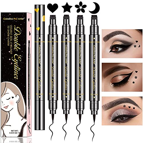 4 Styles/Set Pen Eyeliner Stamp Wing Liner, Waterproof, Double Sided & Long Lasting Eye Pencil , (Heart/Moon/Star /Flowers )Shape Stamp Pen, Super Slim Gel Felt Tip High Black Pigment (4PCS) Topcent
