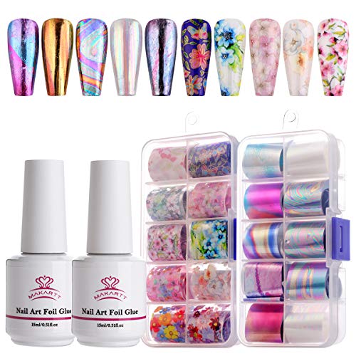 Makartt Nail Foil Nail Art Foil Glue Gel with Rose Flowers Metal Foil Stickers Set Nail Prints Transfer Tips Foil Kit Nail Art Accessories Manicure DIY 15ML 20PCS (2.5cm100cm) Nail Lamp Required Makartt