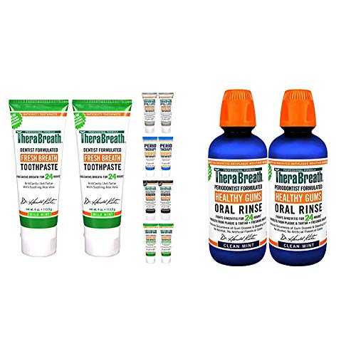 TheraBreath 24-Hour Fresh Breath Toothpaste 4 oz (Pack of 2) and TheraBreath 24 Hour Healthy Gums Periodontist Formulated Oral Rinse, 16 Ounce (Pack of 2) TheraBreath