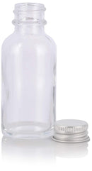 1 oz Clear Glass Boston Round Bottles with Silver Metal Screw On Caps (12 Pack) + Funnel JUVITUS