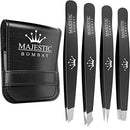 Tweezers Set 4-piece-Stainless Steel Slant Tip + Sharp Pointed Eyebrow Tweezer Set-Precision Facial Hair Removal ,Eyebrow Hair,Splinter,Blackhead,Ingrown Hair/Tick Remover-Ends Meet Perfect Majestic Bombay