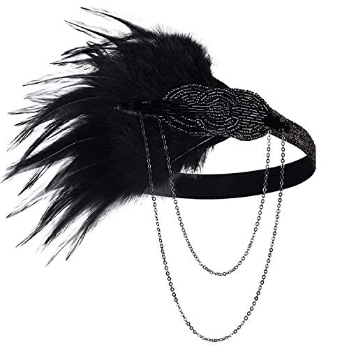 BABEYOND 1920s Flapper Headband Roaring 20s Great Gatsby Headpiece Beaded Black Feather Headband 1920s Flapper Gatsby Hair Accessories BABEYOND