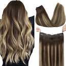 GOO GOO Human Hair Extensions Halo Hair Ombre Chocolate Brown to Honey Blonde 70g 12 Inch Hairpiece Remy Wire Hair Extensions Halo Straight Invisible Hair Extensions with Fish Line GOO GOO