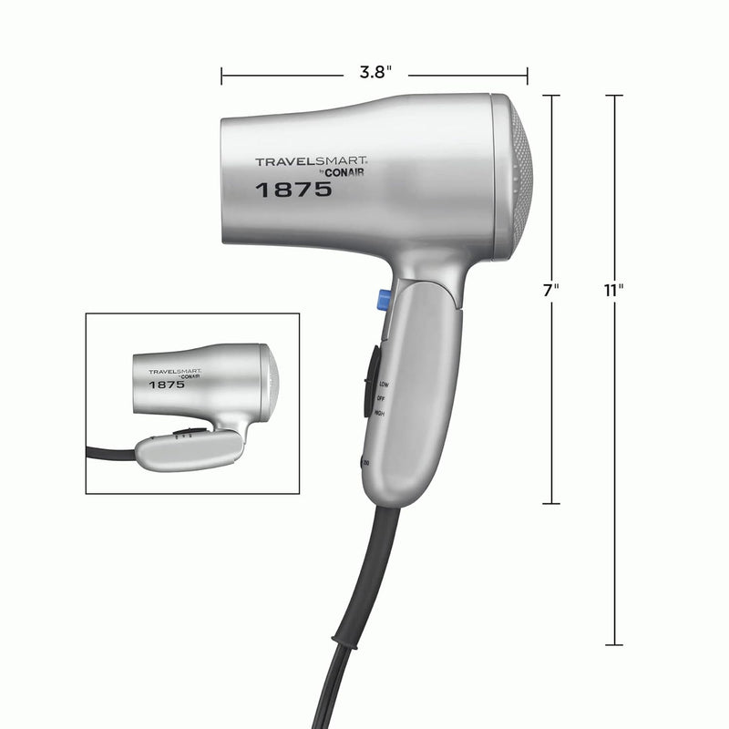 Conair 1875 Watt Compact Dual Voltage Travel Hair Dryer with Folding Handle, Grey Infinity Warehouse