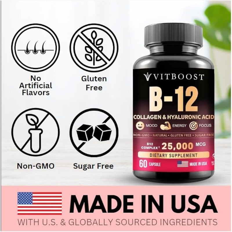 B12 with Hyaluronic Acid, Collagen and Folate – 25000 mcg B12 Complex | Maximize Absorption & Energy | Gluten Free USA Made, B1, B2, B3, B6, B7, B12 Vitamins 5000 mcg Methylcobalamin - 60 Capsules Infinity Warehouse