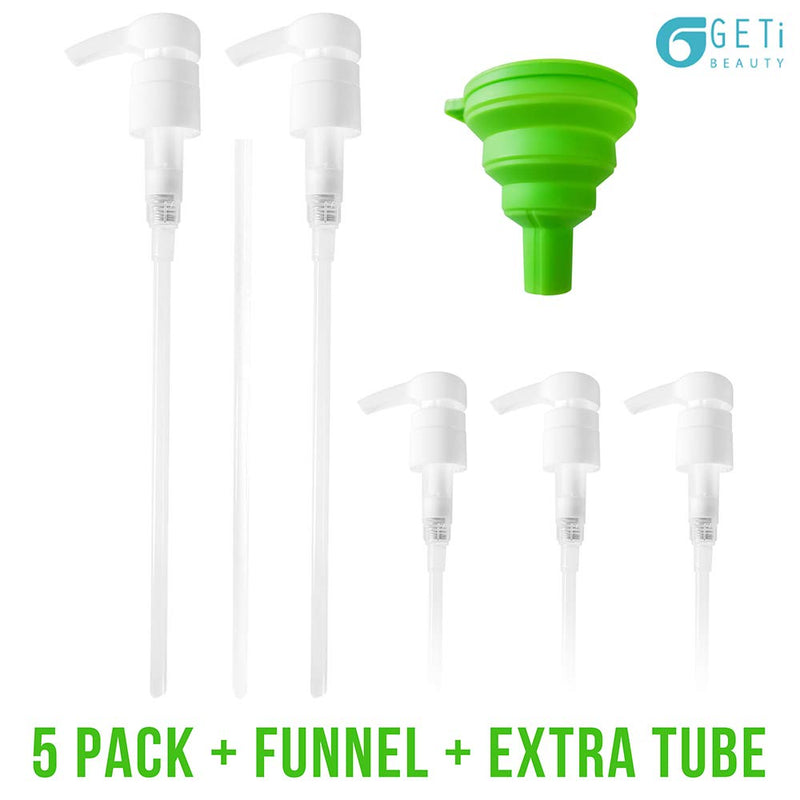 Geti Beauty Shampoo Bottle SalonTop Pump – 5-Pk with Funnel - 33.8 oz Pump Dispenser – Fits Most Shampoo and Conditioner Liter Bottles – Non-Slip Design – 28/410 4cc Geti Beauty