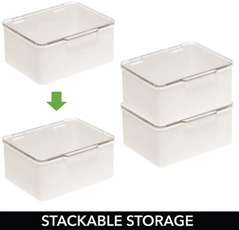 mDesign Plastic Stackable Bathroom Vanity Countertop Storage Cosmetic Organizer Box with Hinged Lid for Makeup, Beauty, Hair, Nail Supplies - 2 Pack - Cream/Clear mDesign Store